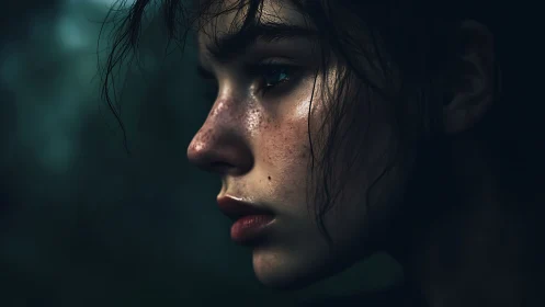 Low-key portrait of rain-speckled face in side profile study.