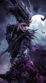 Dark winged sorceress commands stormlit moonlit battlefield