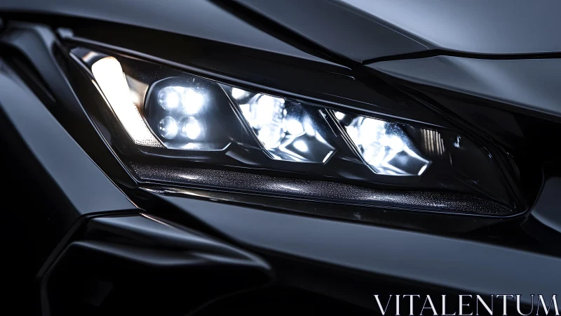 Close-up of Modern Car LED Headlight in Sleek Black Finish. Close-up of Modern Car LED Headlight in Sleek Black Finish.