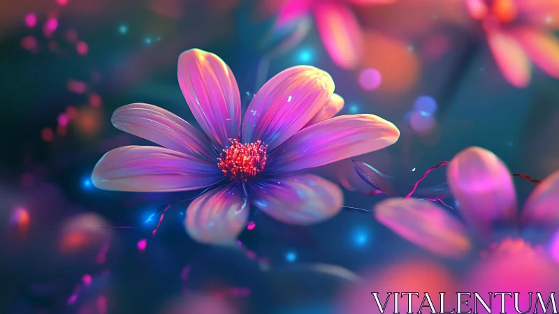 Digitally Rendered Cosmos Flower with Chromatic Gradient Petals and Luminescent Particle Effects