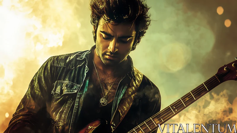 Moody guitarist in cinematic bokeh light and warm haze.