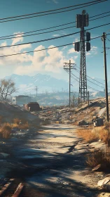 Rural dirt road with power lines and distant mountain range.