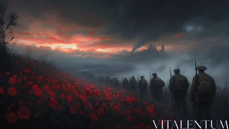 Soldiers crossing scarlet poppy fields toward war-torn city.