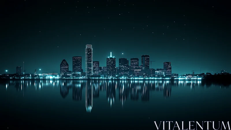 Night city skyline with water reflections and star field view.