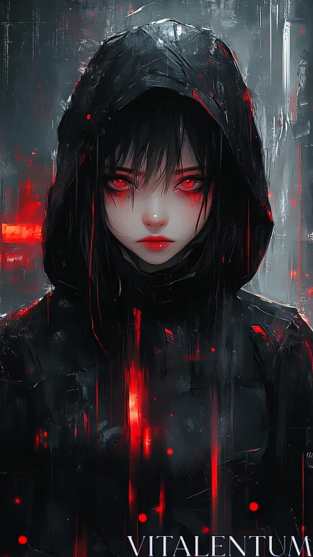 Cyberpunk hooded assassin portrait with glitch-core lighting.