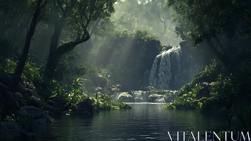 Waterfall Hidden in Misty Jungle Canopy