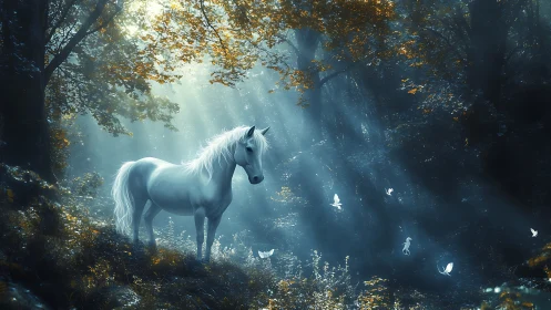Luminous white horse in volumetric dawn light within forest glade