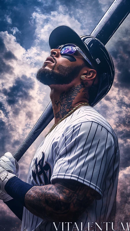 Tattooed baseball slugger gazes skyward in electric light