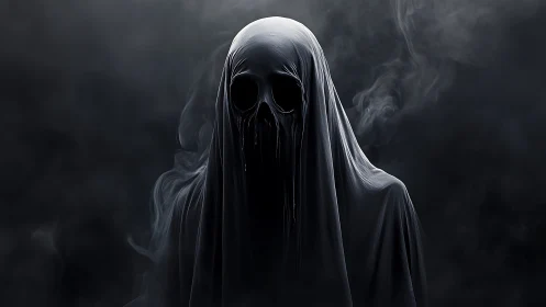 Photoreal spectral wraith with shrouded skull silhouette.