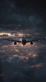 Night airliner crossing storm clouds above glowing city.