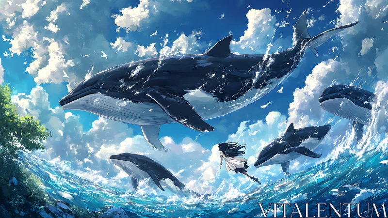 Dynamic anime seascape renders airborne whales with layered splash effects