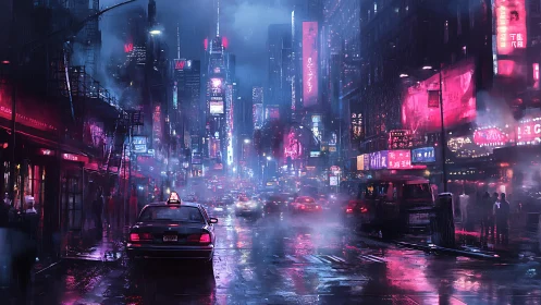 Neon-soaked cyberpunk city street glows through rainfall.