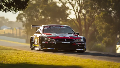 Black touring race car attacking sunlit circuit corner.