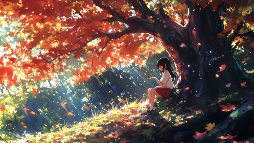 Autumn canopy study with seated reader under dappled light.