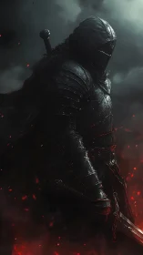 Shadowed knight standing tall in glowing embers of dusk.