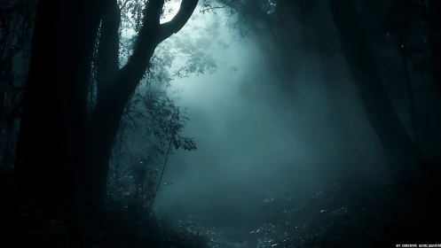 Foggy forest path dissolves into pale blue atmospheric haze