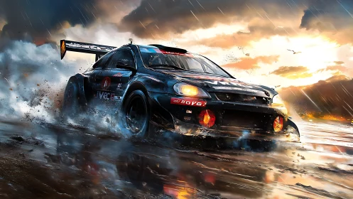 Rally race car on wet coastal track under stormy sky.