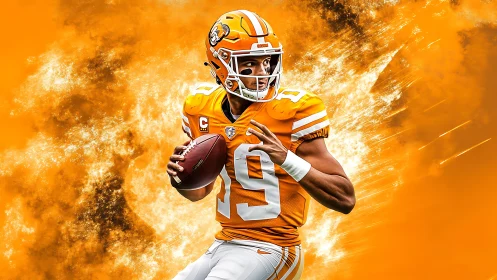 Dynamic football quarterback bursts through fiery orange backdrop.