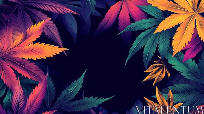 Colorful tropical leaves frame deep midnight backdrop.