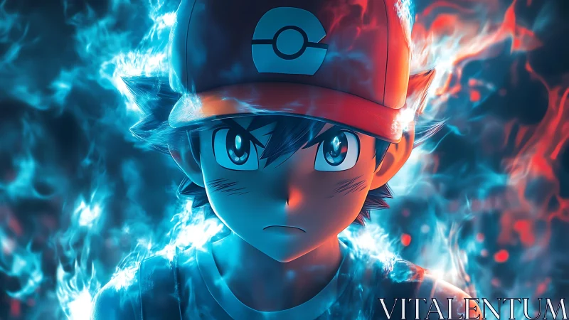 Intense anime trainer portrait in dual blue red flame aura
