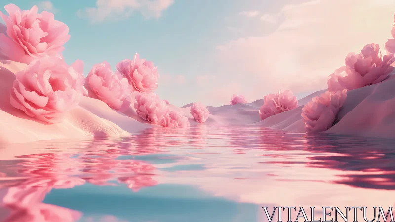 Procedural pastel landscape with reflective water and stylized blooms