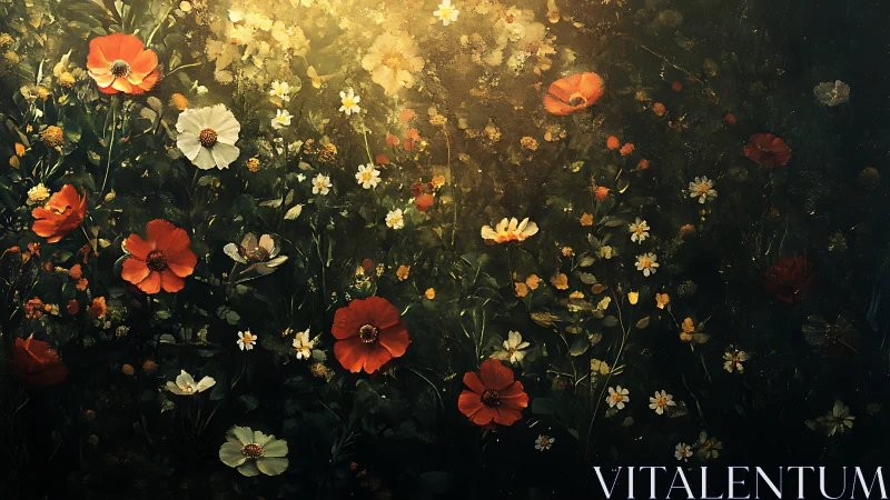 Sunlit wildflower meadow painting with glowing poppies.