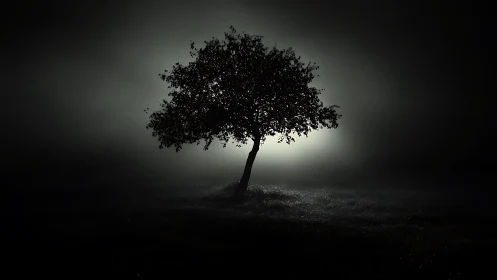 Solitary tree stands in luminous night fog, evoking calm