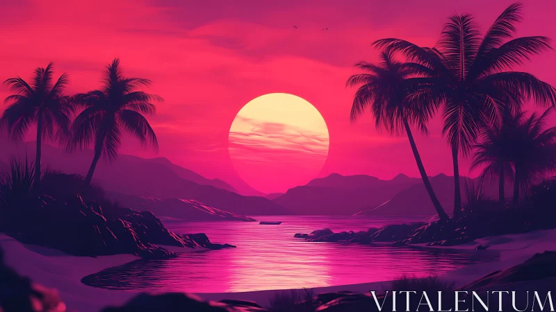Neon magenta sunset over stylized tropical bay with silhouetted palms