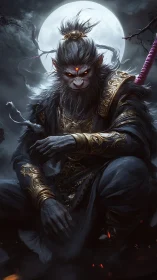 Armored monkey warlord sits under moon in high-drama chiaroscuro