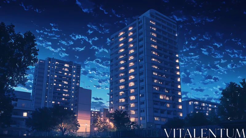 Midnight windows trade quiet stories above the blue city