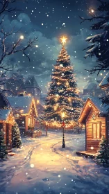 Snowy village glows around a towering Christmas tree at dusk.