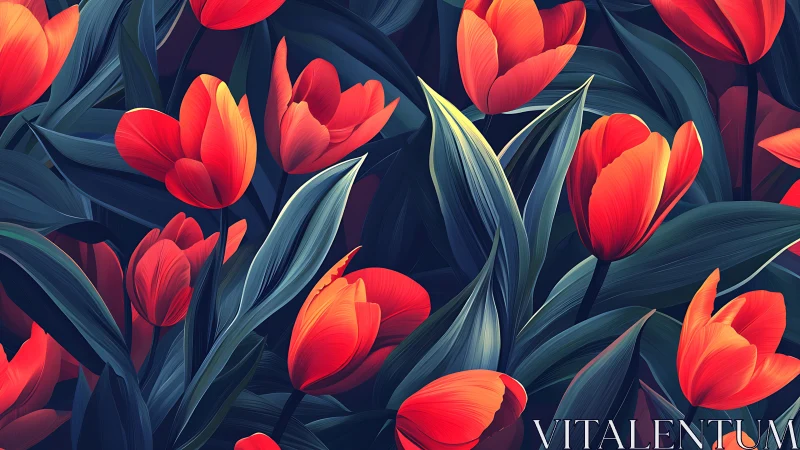 Red tulips with dark blue-green foliage rendered in digital painting style.