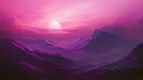 Digital pink mountain range under low sun is depicted here