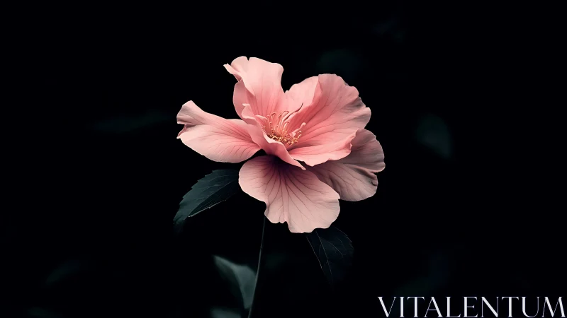 Pink hibiscus bloom isolated against dark background with dramatic lighting.