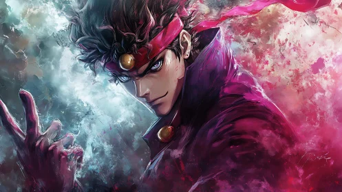 Crimson-band warrior in storm of icy and ember light.