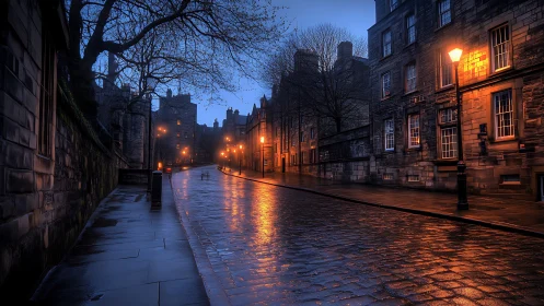 Wet cobblestone street reflects orange lamplight at dusk