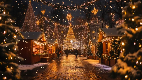 European Christmas market glows under golden festive lights.
