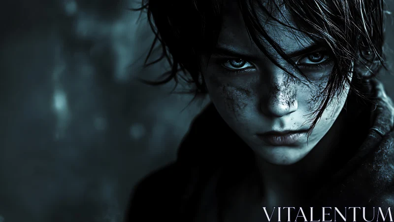 Ferocious gaze of a storm-torn survivor in icy shadows.