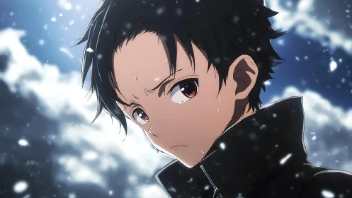 Snowfall portrait of dark haired anime boy in close view.