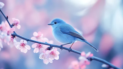 Blue songbird on cherry blossom branch in dreamy pastel photography.
