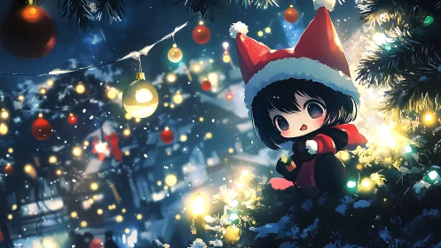 Chibi character in red Santa attire among winter lights.