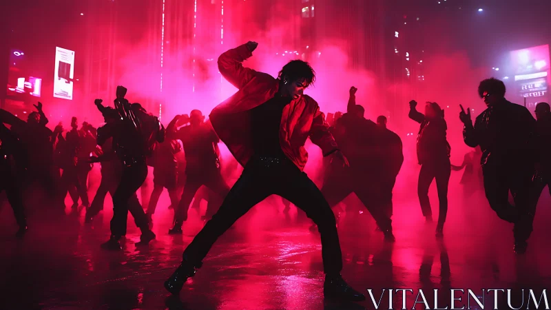 Neon-streaked street dancers erupt in electric midnight fog.