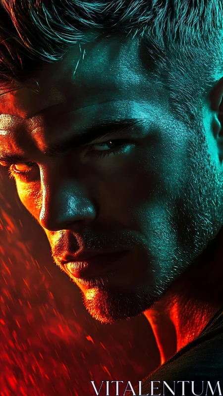 Bicolor rim-lit male portrait with cinematic rain simulation.