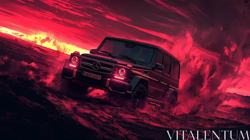 Off-road Mercedes SUV charges through neon crimson storm sky
