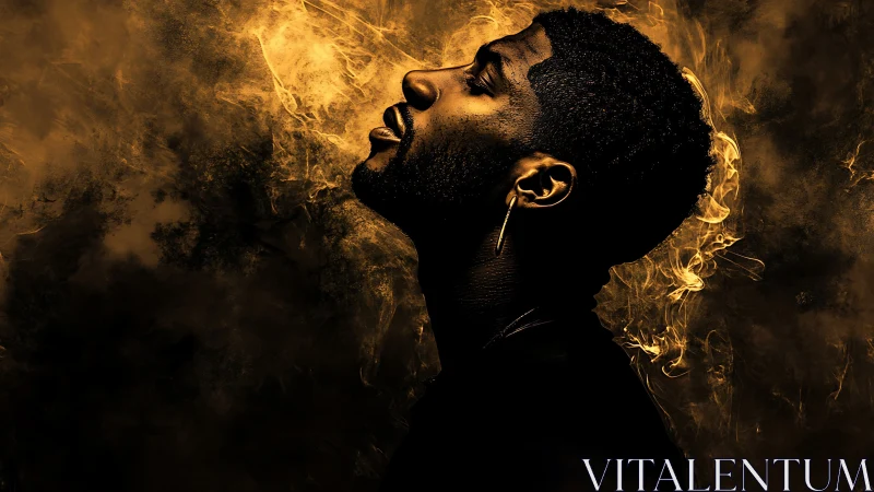 Side profile portrait in golden smoke on dark backdrop.