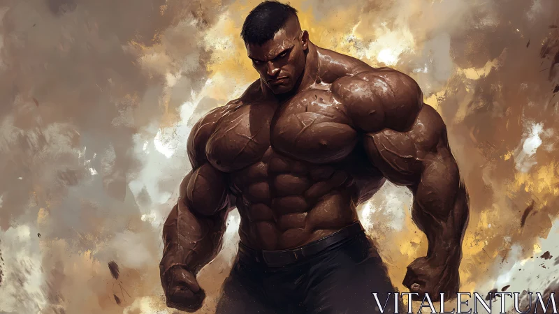 Hyper-muscular warrior framed by explosive painterly clouds.