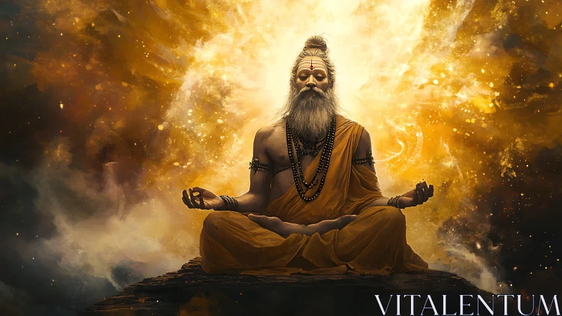 Meditating sage in golden cosmic light, serene posture.