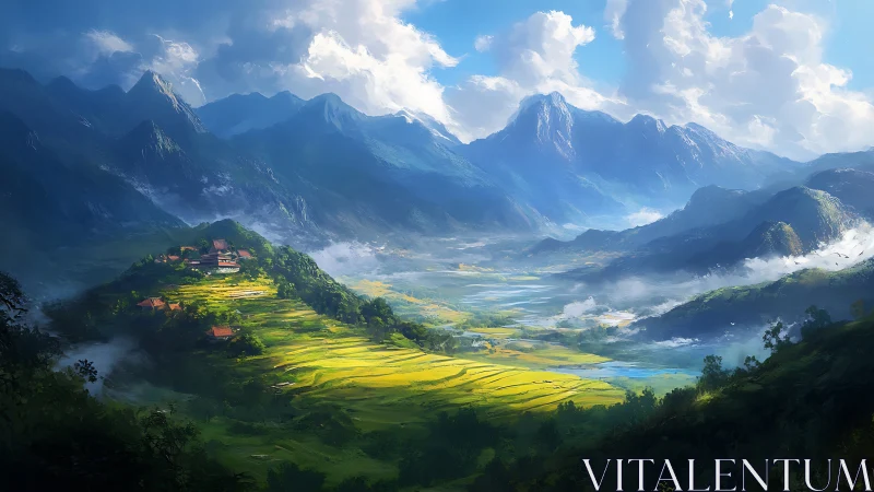 Sunlit rice terraces beneath towering blue mountainscape.