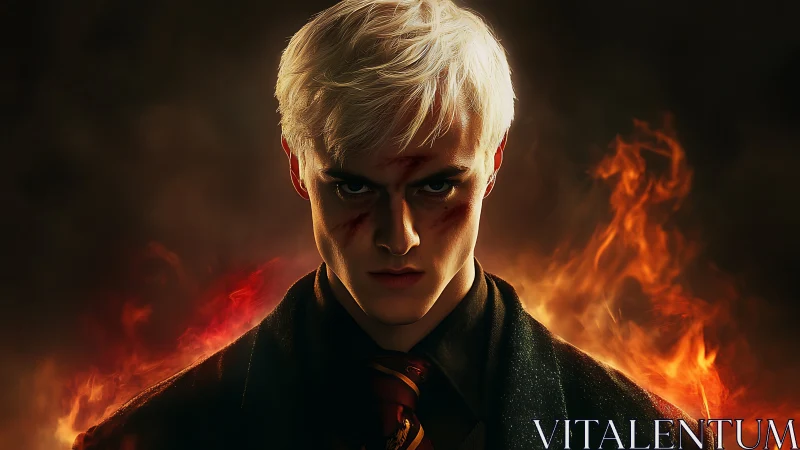 White‑haired male antihero in flames, cinematic close portrait