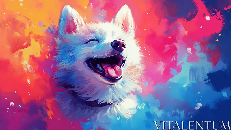 High saturation digital portrait of laughing white dog in color field